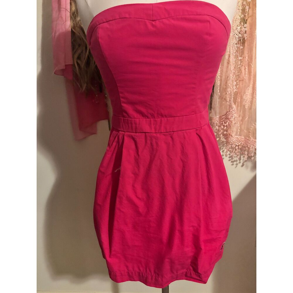 Vintage Hollister Hot Pink 100% Cotton Strapless Smocked Mini Dress - Size L